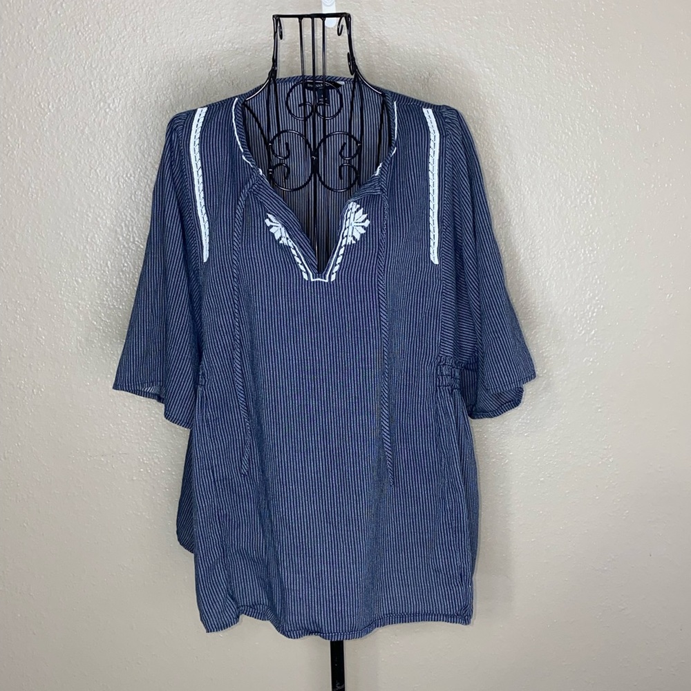 Banana Republic Embroidered Navy & White Striped Tie-Neck Blouse Large